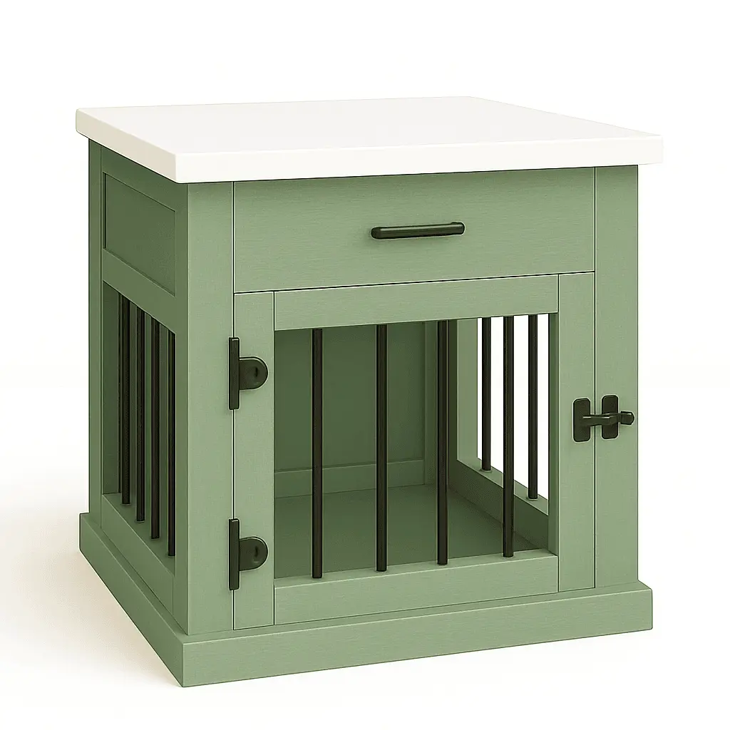 The Den - SAGE Coloured Bedside Dog Crate with Bars & Hinged Door with Drawer image 1