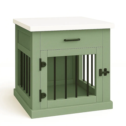 The Den - SAGE Coloured Bedside Dog Crate with Bars & Hinged Door with Drawer image 1