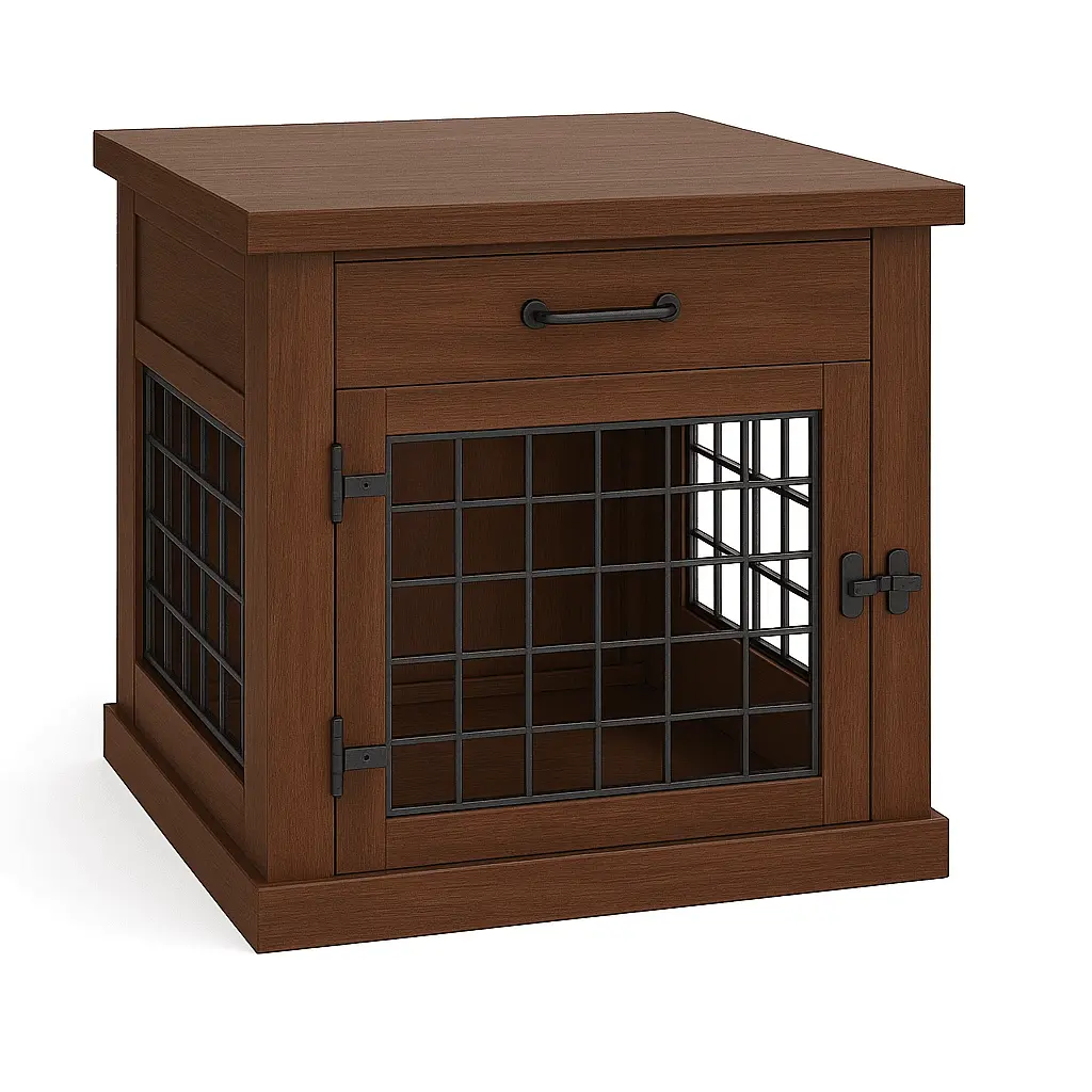 The Den - ESPRESSO Coloured Bedside Dog Crate with Mesh & Hinged Door with Drawer - Espresso image