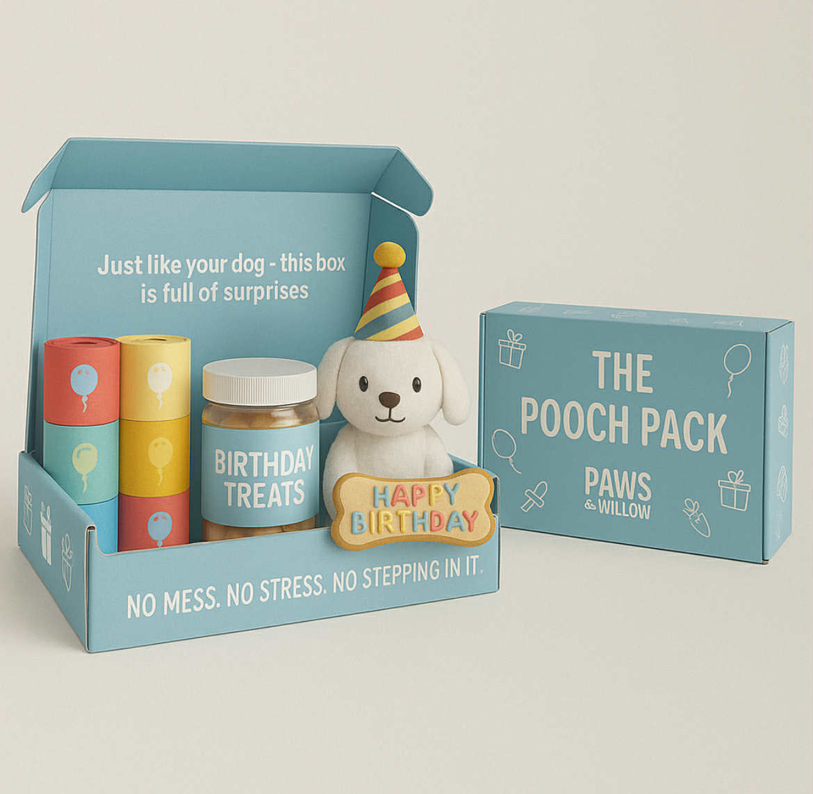 Dog birthday gift set with 'The Pooch Pack' branding on a light gray background