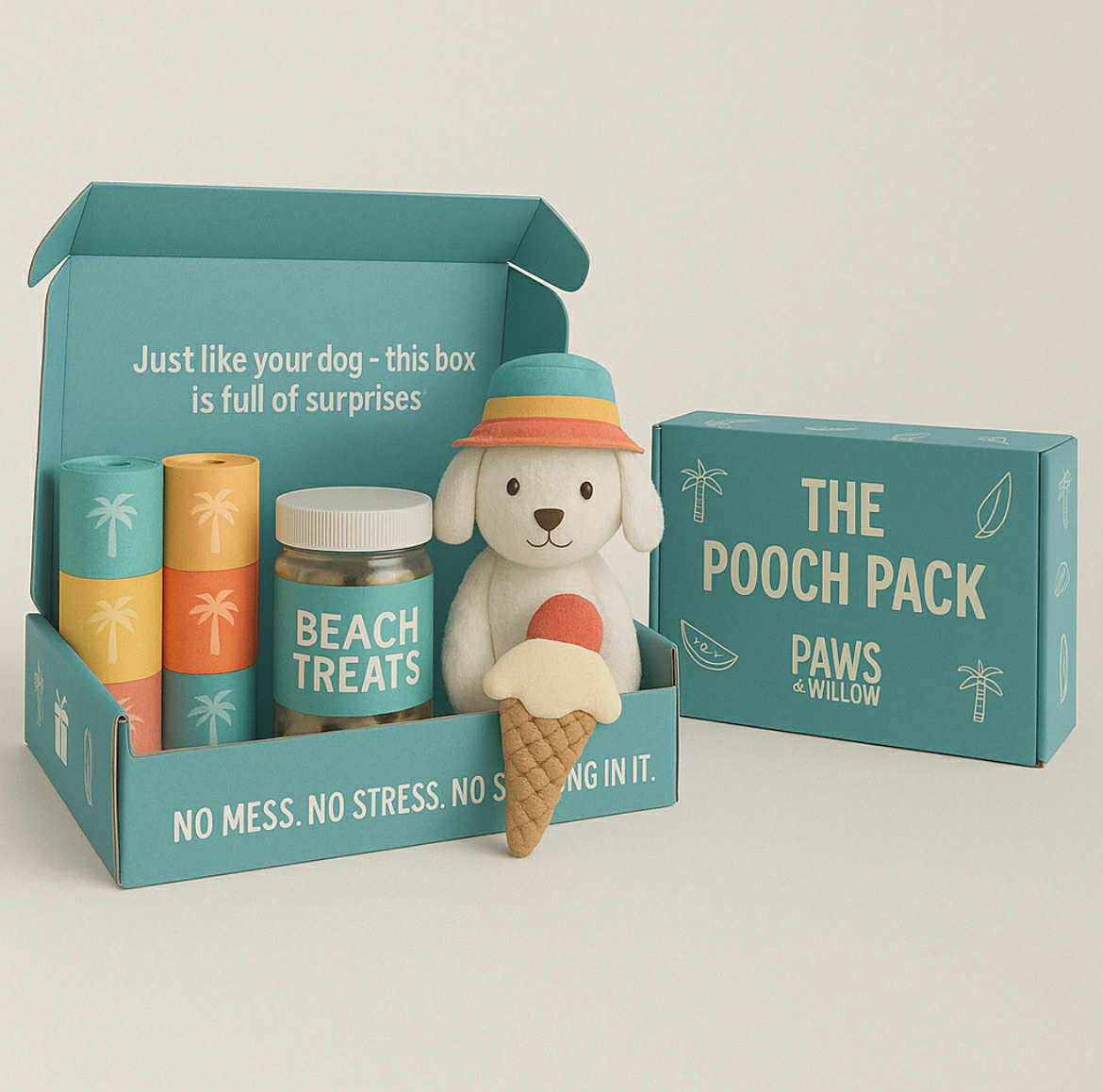 Pooch Pack product with a dog-themed toy, 'Beach Treats' jar, and ice cream cone on a light background.