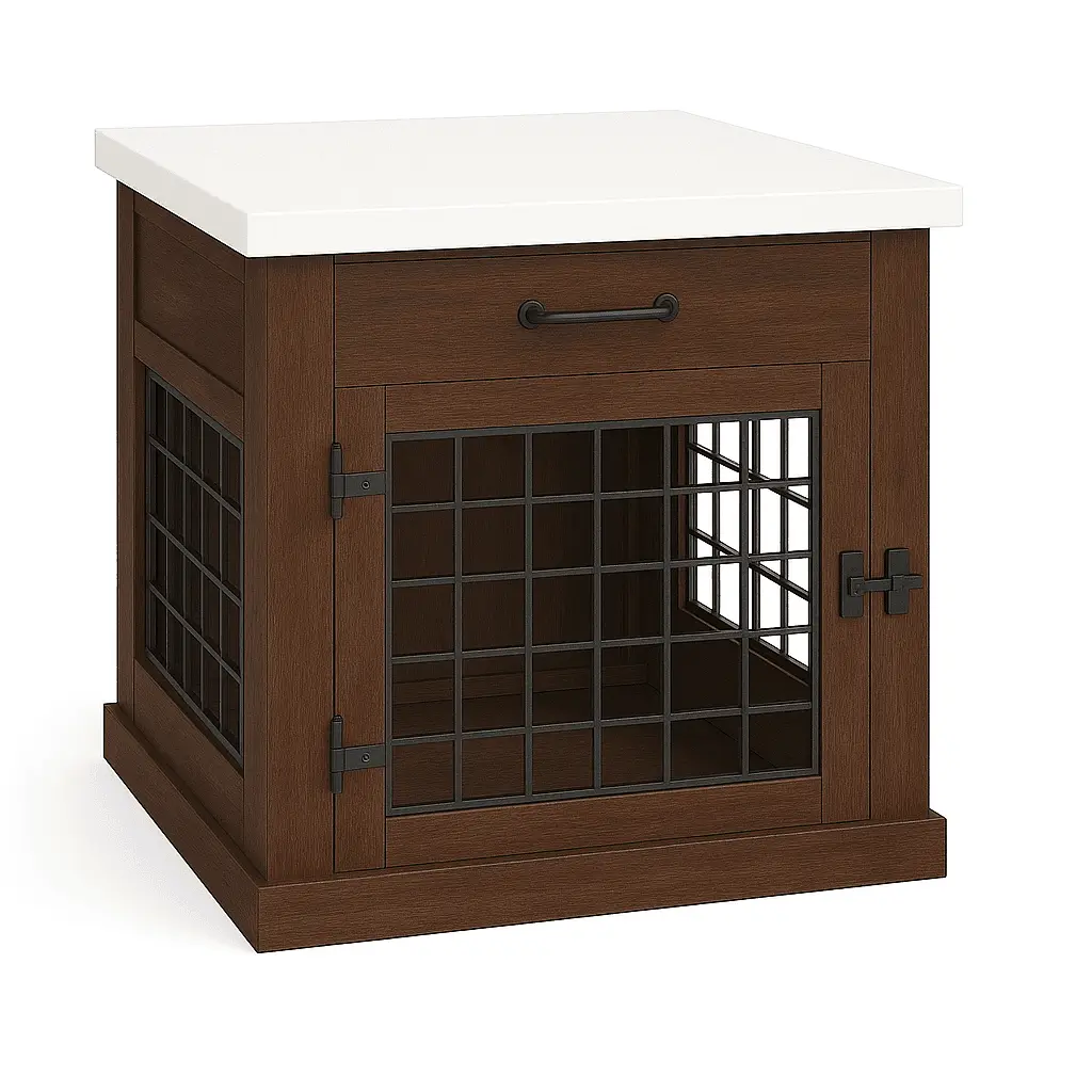 The Den - ESPRESSO Coloured Bedside Dog Crate with Mesh & Hinged Door with Drawer - Arctic image
