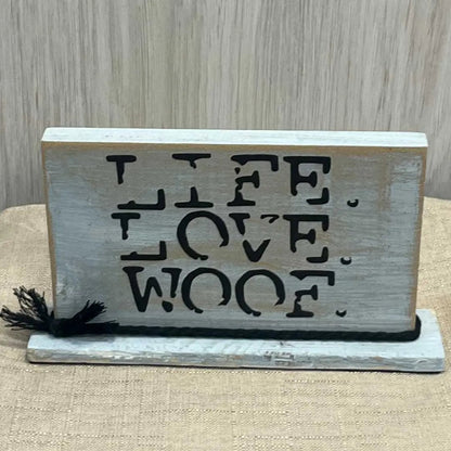 "Live. Love. Woof." Wooden Shelf Decor image 1