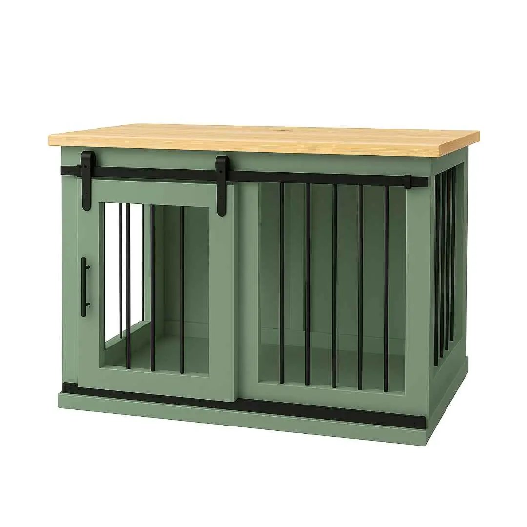 The Studio -Barn Style Sage Single Wooden Dog Crate with Bars - Natural image