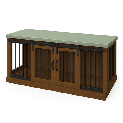 The DUO – Espresso Barn Door Style Double Wooden Dog Crate With Bars - Sage image