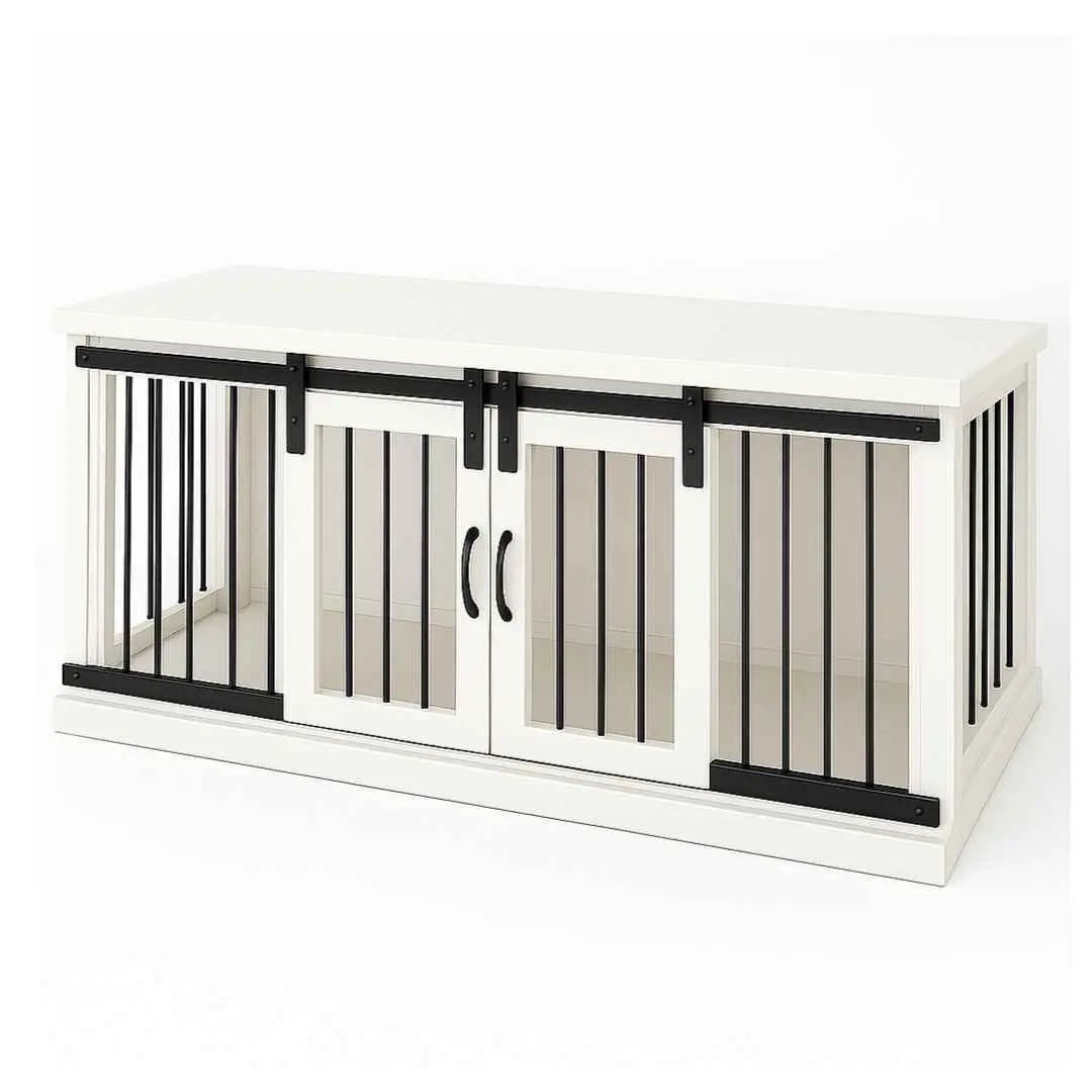 The DUO – Arctic Barn Door Style Double Wooden Dog Crate With Bars - Arctic image