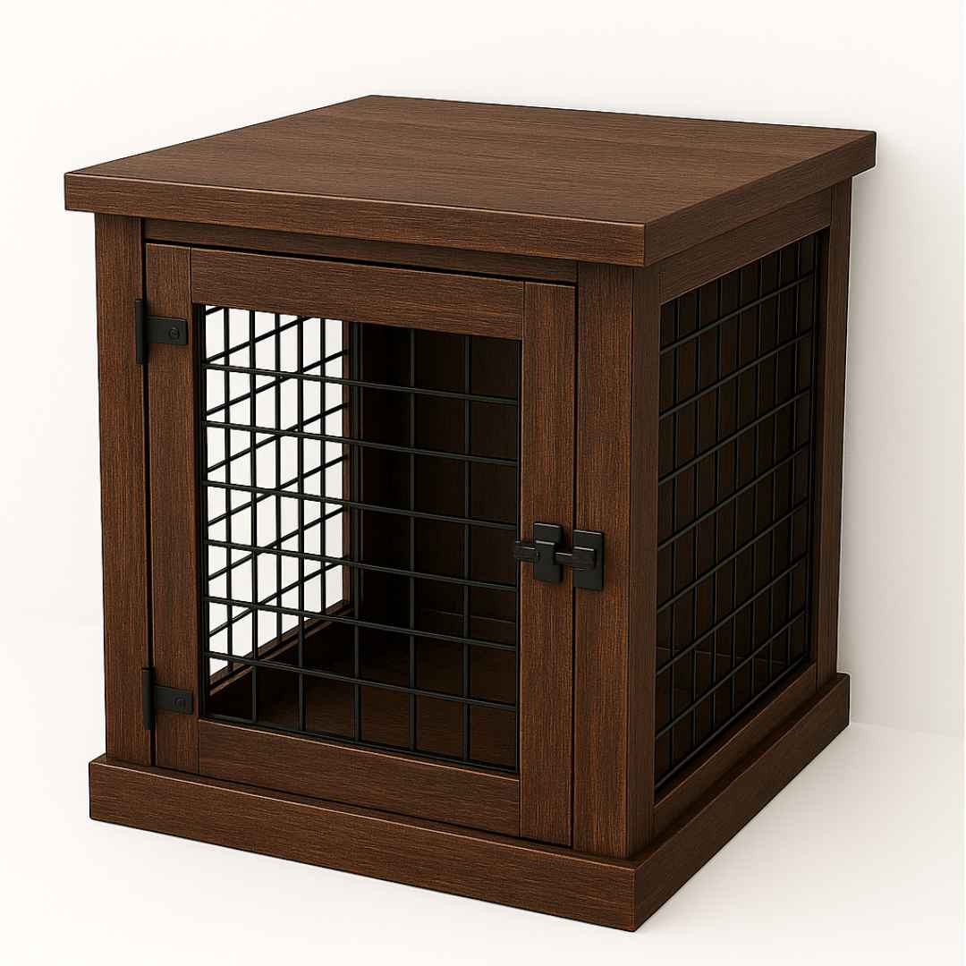 The Den - Espresso Coloured Bedside Dog Crate with Mesh & Hinged Door - Espresso image