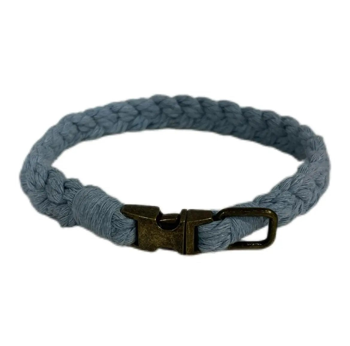 Petite Macramé Dog Collar with Brass | Gold | Silver Buckle - Blue, Brass image