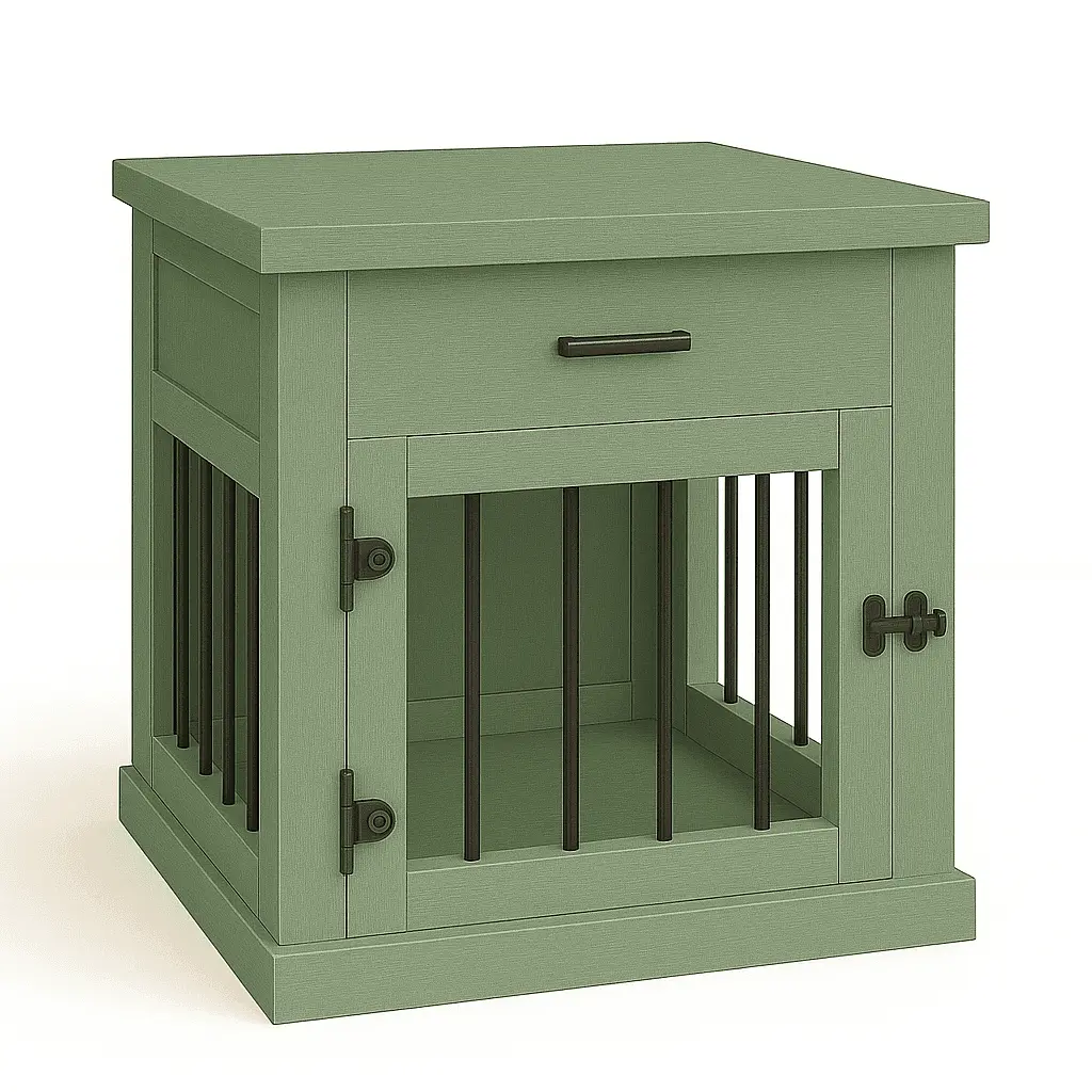 The Den - SAGE Coloured Bedside Dog Crate with Bars & Hinged Door with Drawer - Sage image