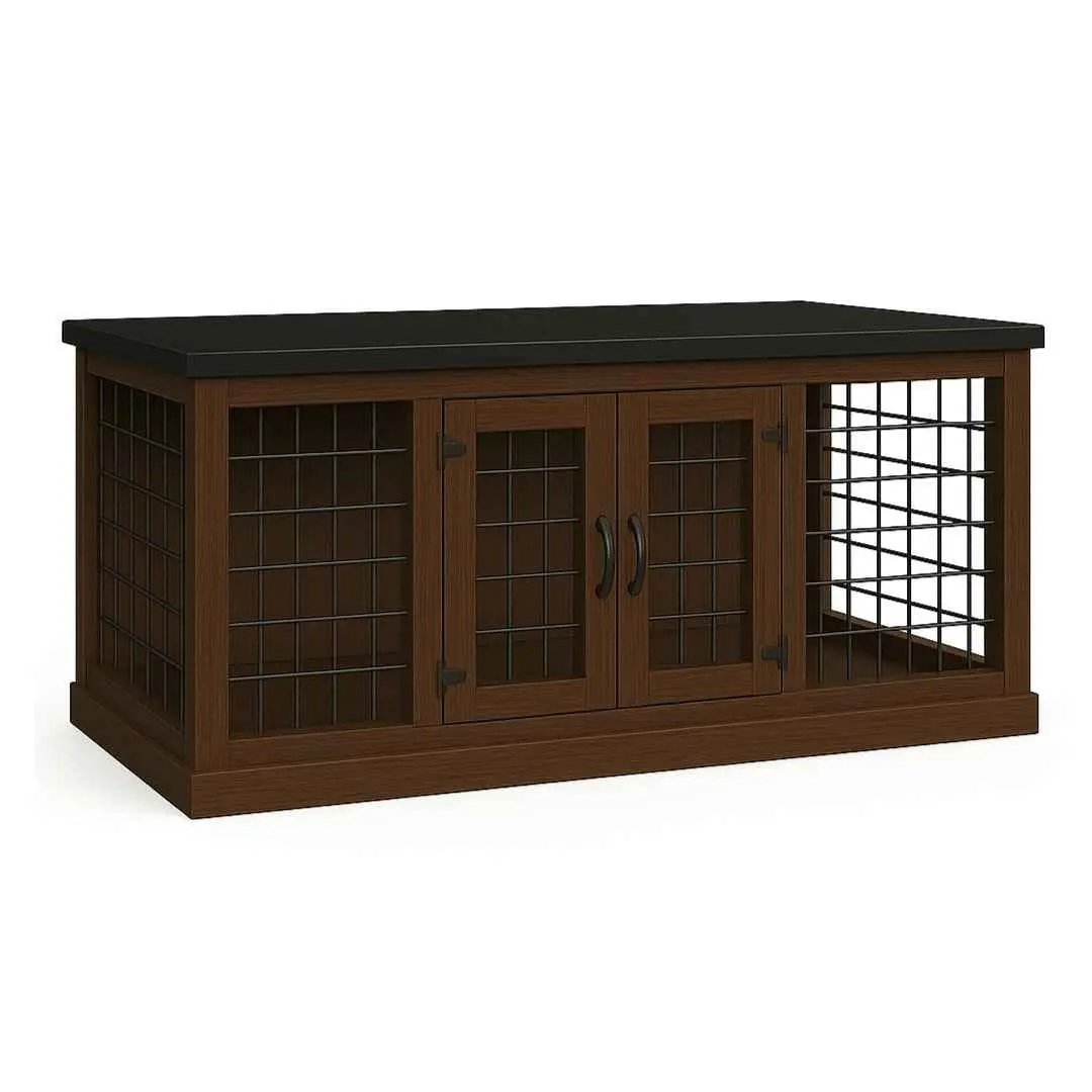 The DUO – Espresso Hinged Style Double Wooden Dog Crate With Mesh image 5