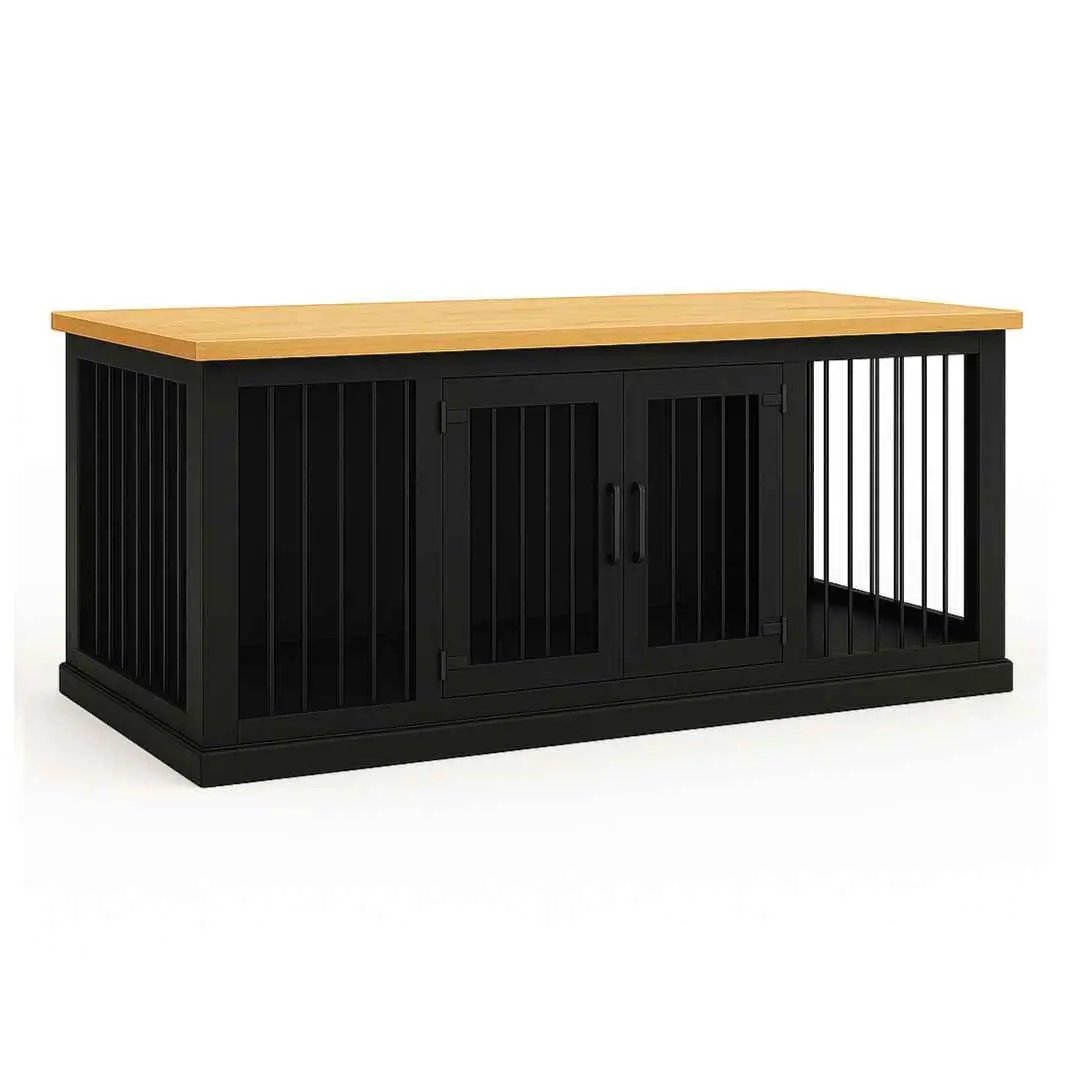 The DUO – Night Sky Hinged Double Wooden Dog Crate With Bars - Natural image