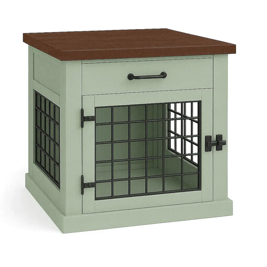 The Den - SAGE Coloured Bedside Dog Crate with Mesh & Hinged Door with Drawer image 4