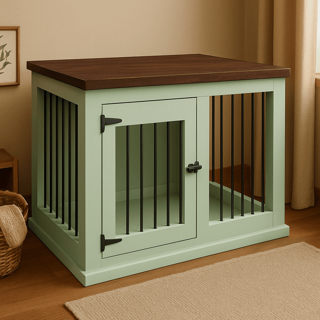 The Studio -Hinged Sage Single Wooden Dog Crate with Bars image 1