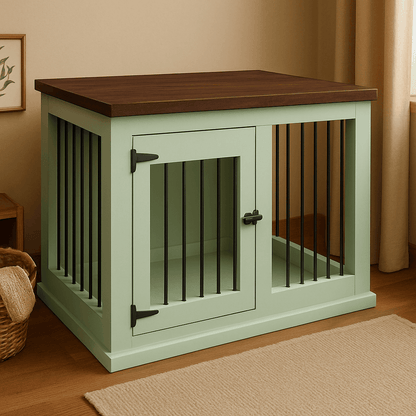 The Studio -Hinged Sage Single Wooden Dog Crate with Bars image 1