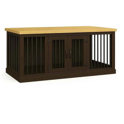 The DUO – Espresso Hinged Double Wooden Dog Crate With Bars - Natural image