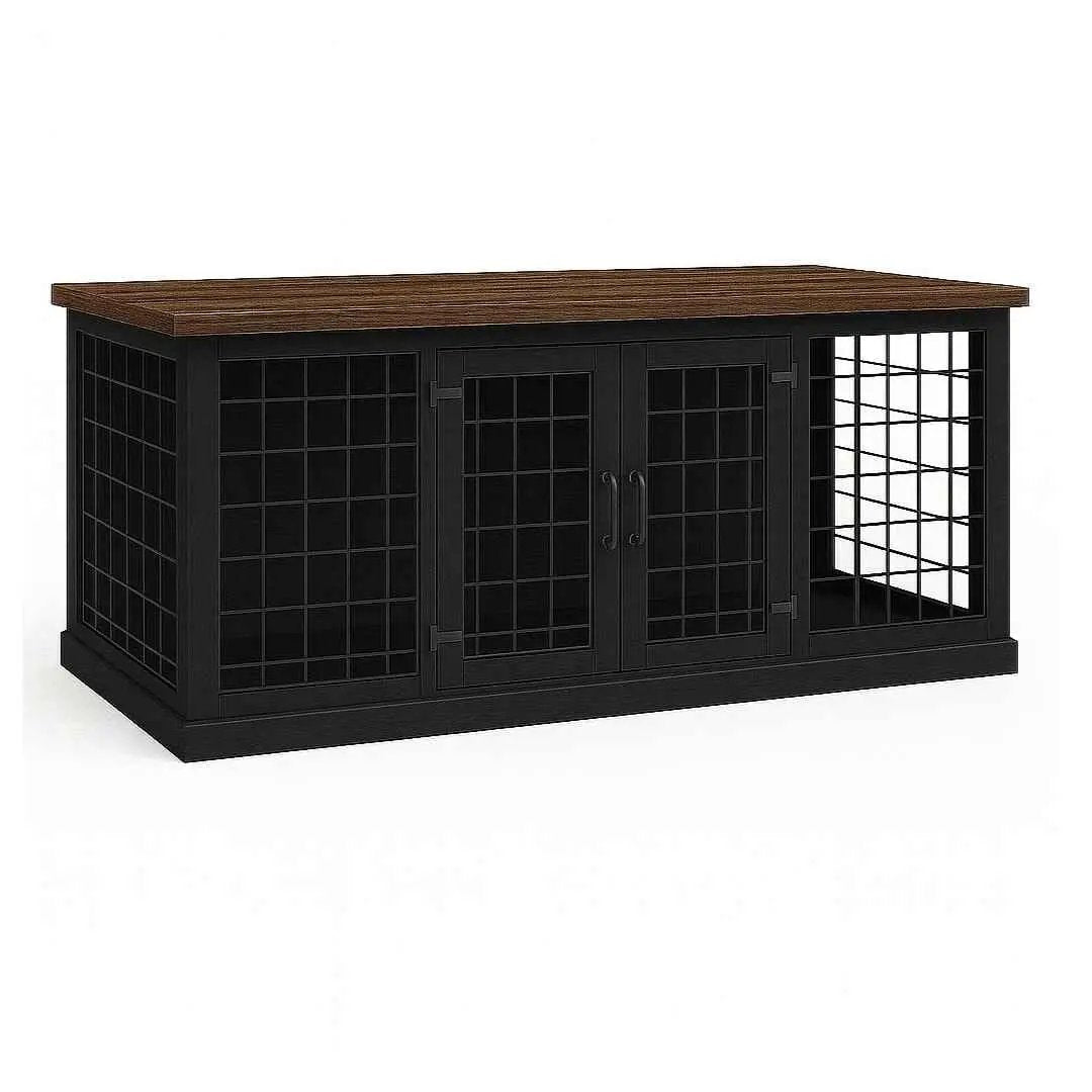 The DUO – Night Sky Hinged Style Double Wooden Dog Crate With Mesh image 5