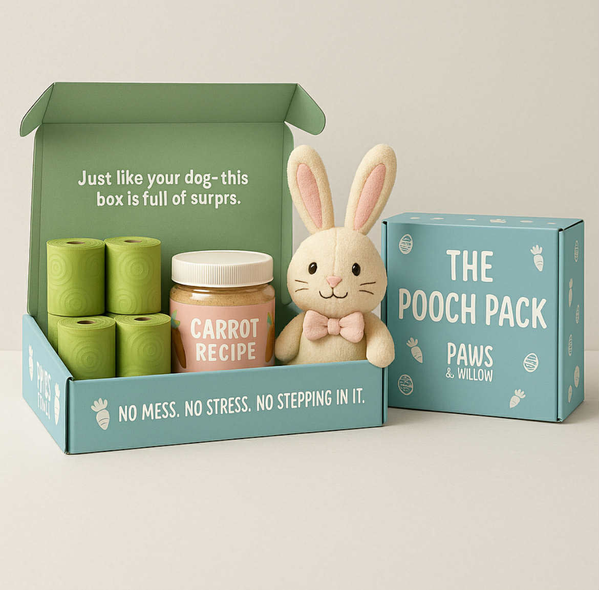Dog product packaging with a toy rabbit and pet food items, branded 'Paws & Willow'.