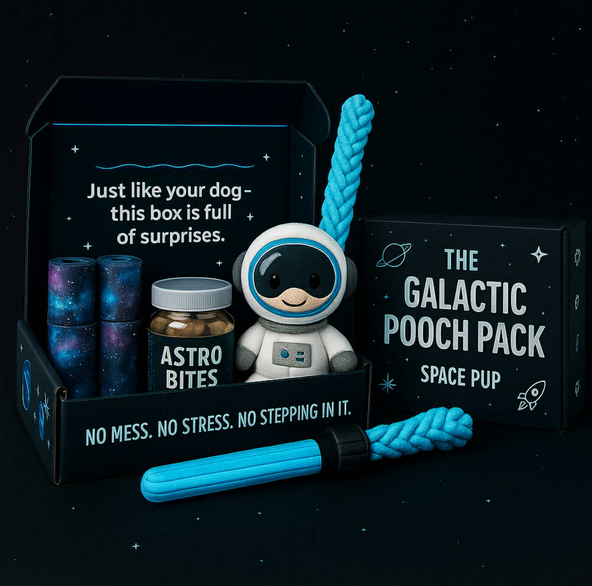 Space-themed product set with an astronaut figure, 'Astro Bites', and a blue rope on a black background.