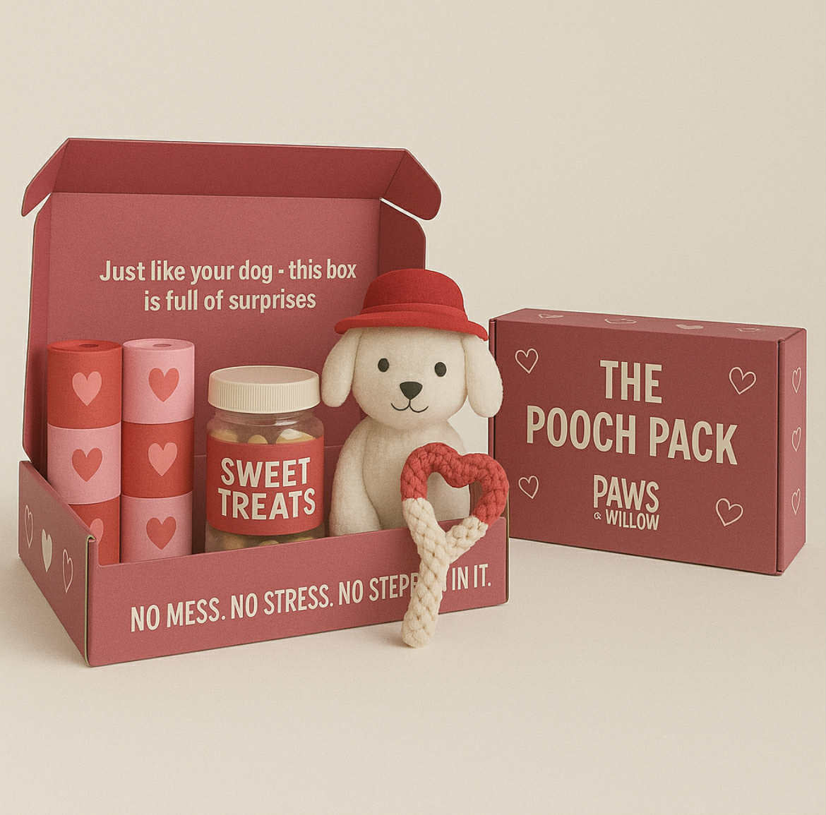 Dog-themed gift set with 'The Pooch Pack' branding on a beige background